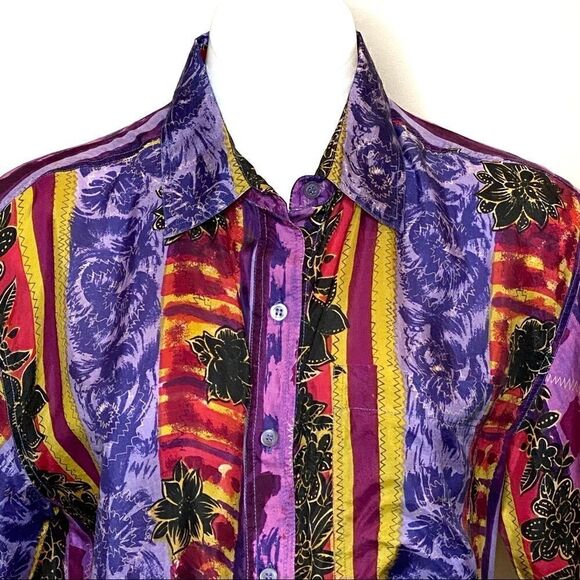 Vintage 90’s silk abstract print short sleeve button up shirt size S - Picture 7 of 16